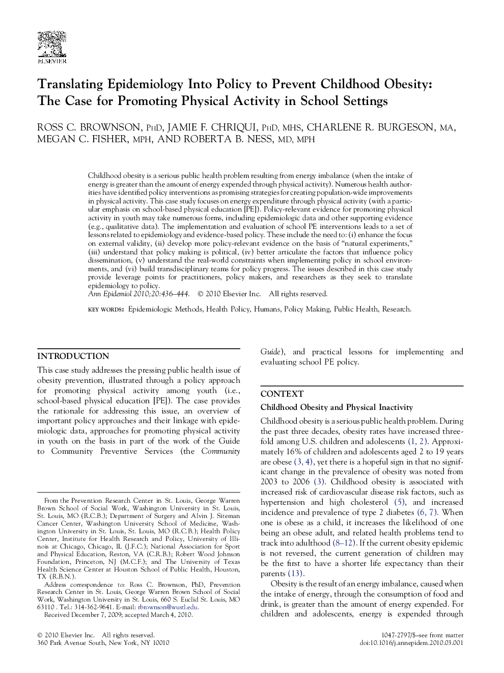 Translating Epidemiology Into Policy to Prevent Childhood Obesity: The Case for Promoting Physical Activity in School Settings