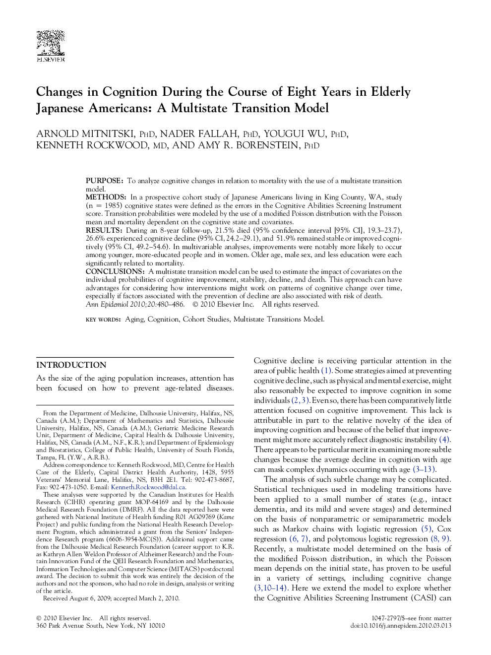 Changes in Cognition During the Course of Eight Years in Elderly Japanese Americans: A Multistate Transition Model