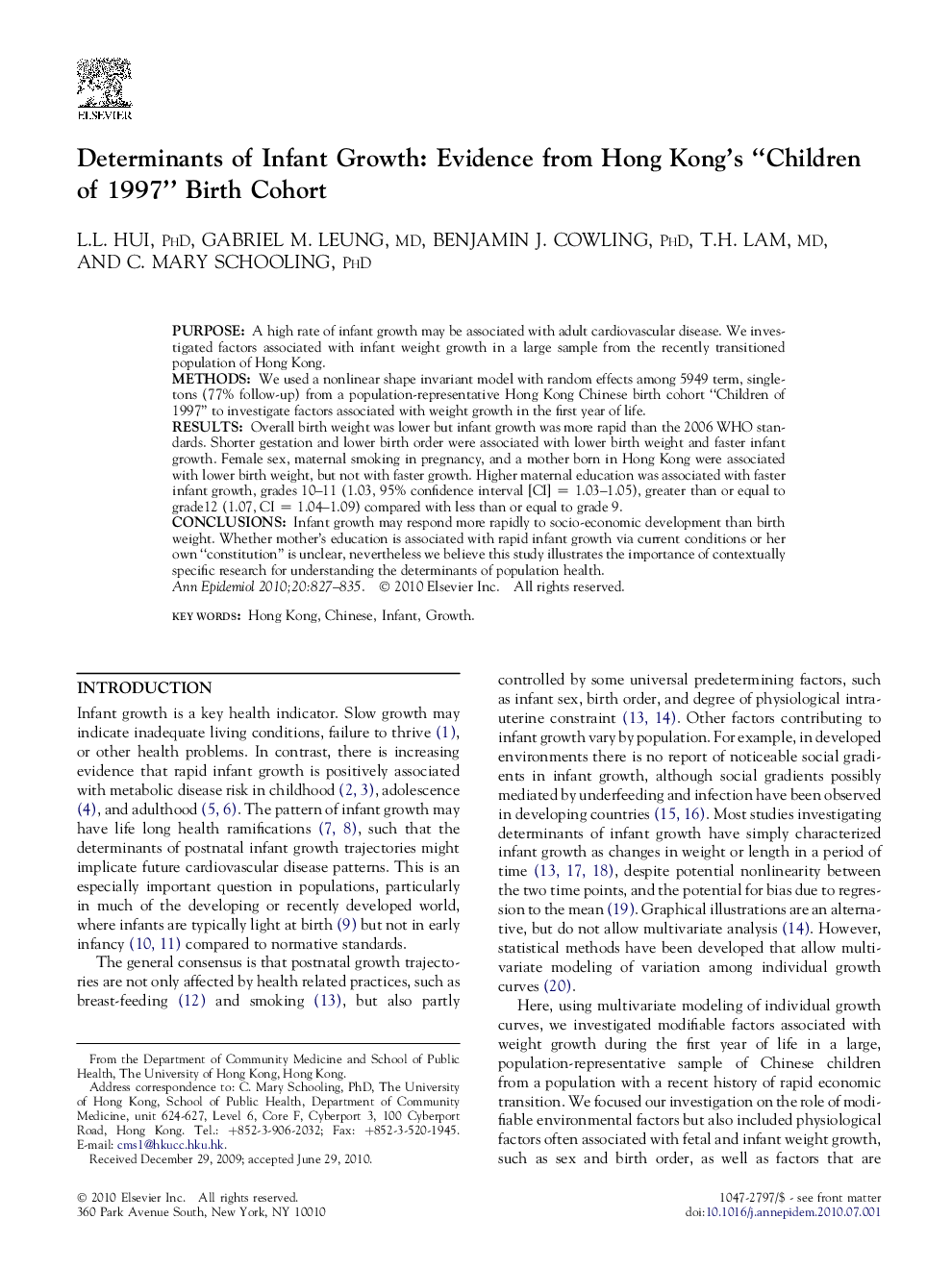 Determinants of Infant Growth: Evidence from Hong Kong’s “Children of 1997” Birth Cohort