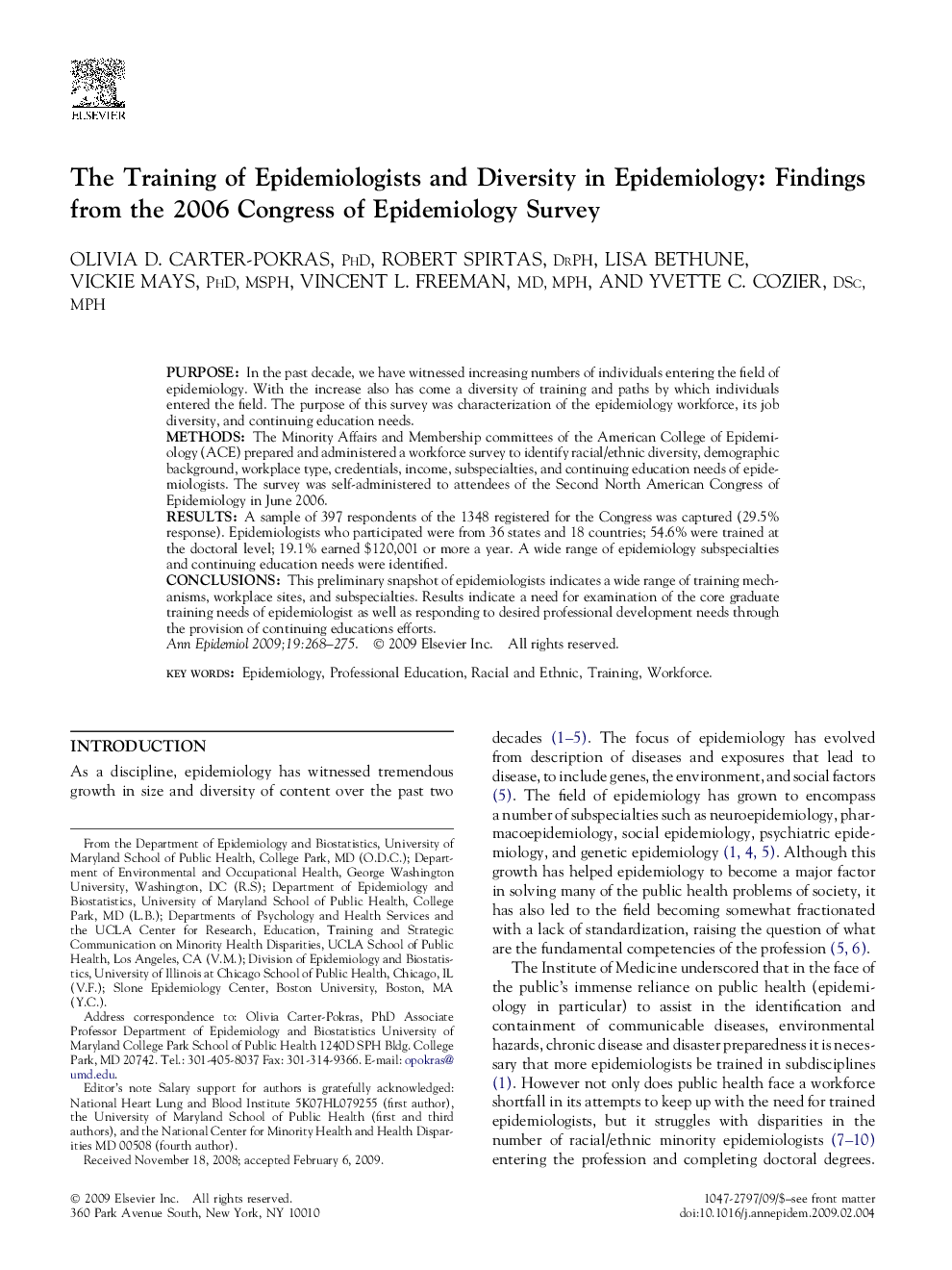 The Training of Epidemiologists and Diversity in Epidemiology: Findings from the 2006 Congress of Epidemiology Survey 