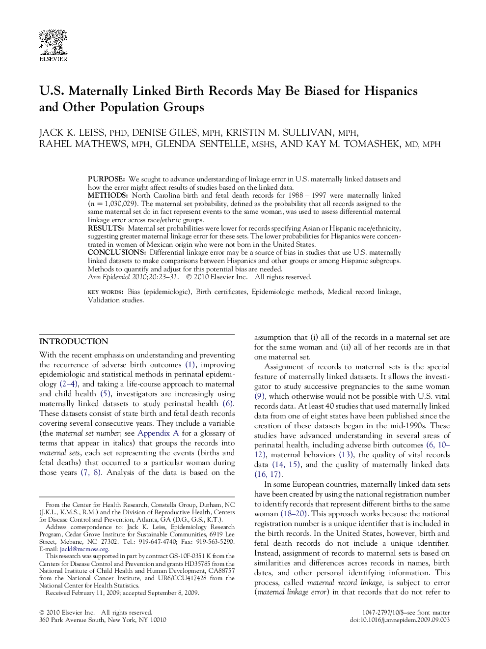 U.S. Maternally Linked Birth Records May Be Biased for Hispanics andÂ Other Population Groups