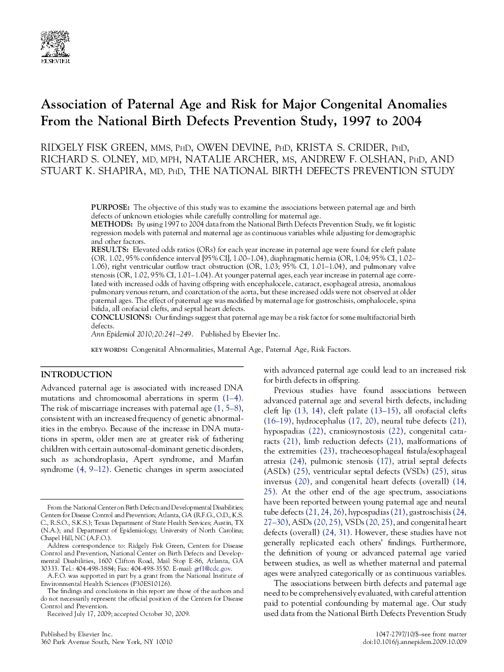 Association of Paternal Age and Risk for Major Congenital Anomalies From the National Birth Defects Prevention Study, 1997 to 2004 