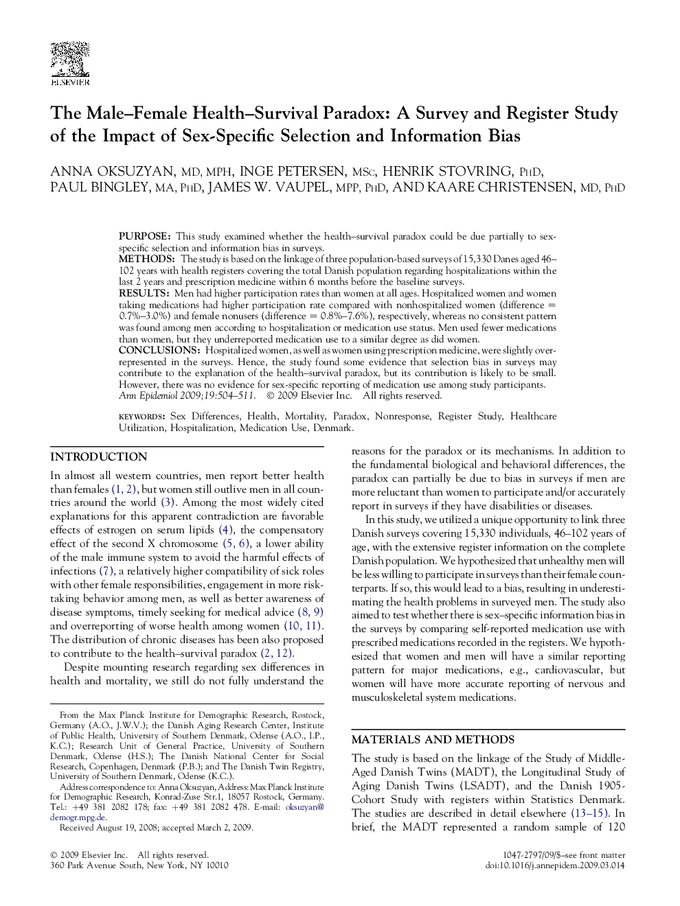 The Male–Female Health–Survival Paradox: A Survey and Register Study of the Impact of Sex-Specific Selection and Information Bias