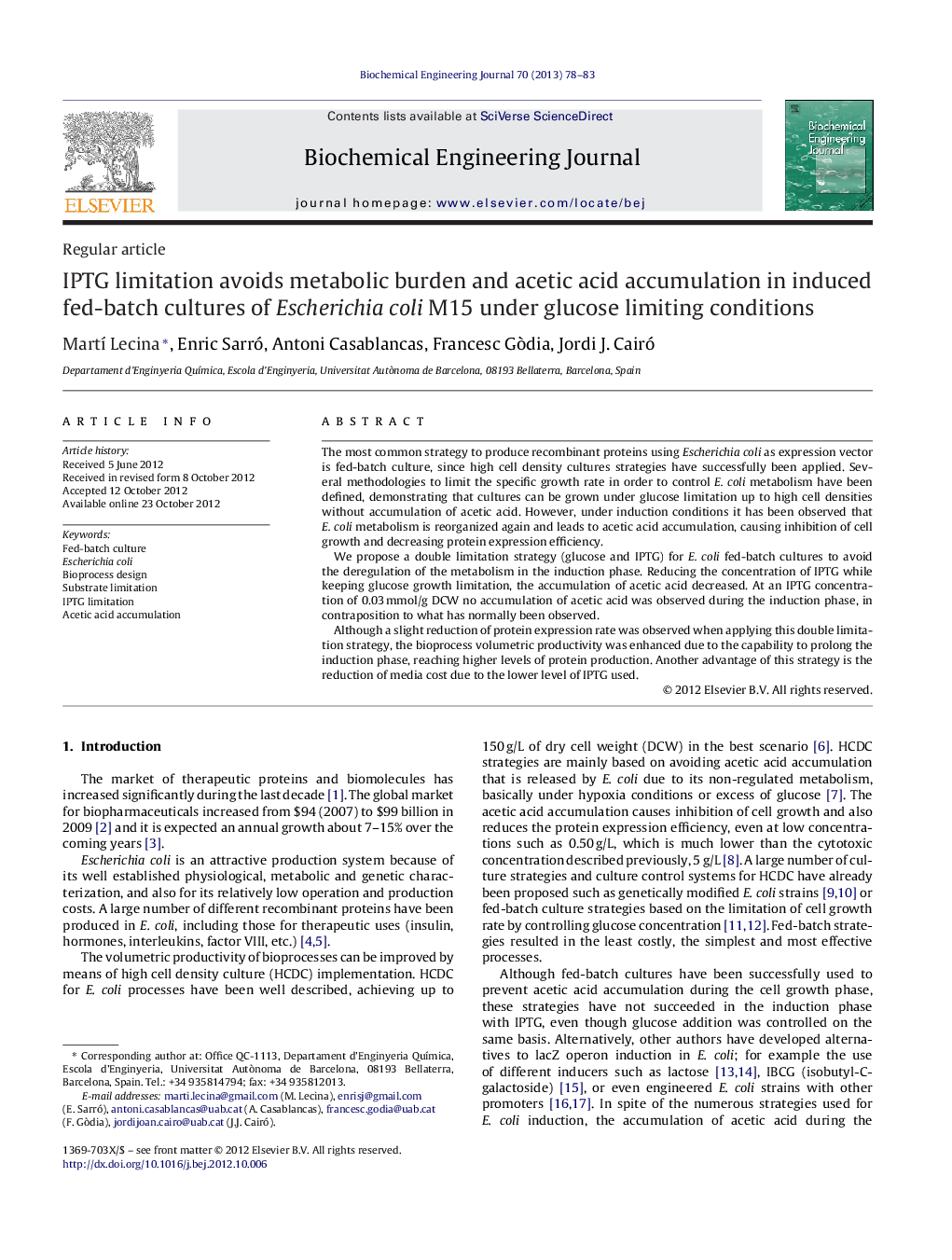 IPTG limitation avoids metabolic burden and acetic acid accumulation in induced fed-batch cultures of Escherichia coli M15 under glucose limiting conditions