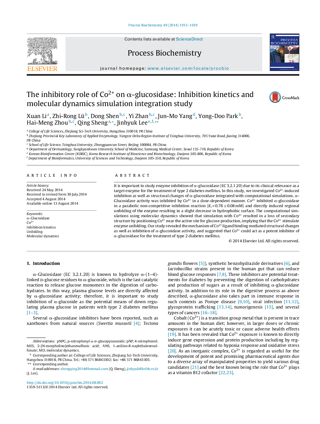 The inhibitory role of Co2+ on α-glucosidase: Inhibition kinetics and molecular dynamics simulation integration study