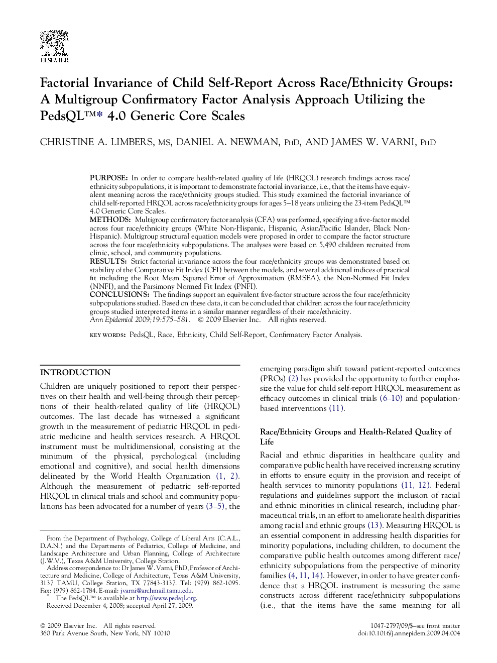 Factorial Invariance of Child Self-Report Across Race/Ethnicity Groups: A Multigroup Confirmatory Factor Analysis Approach Utilizing the PedsQL™∗ 4.0 Generic Core Scales