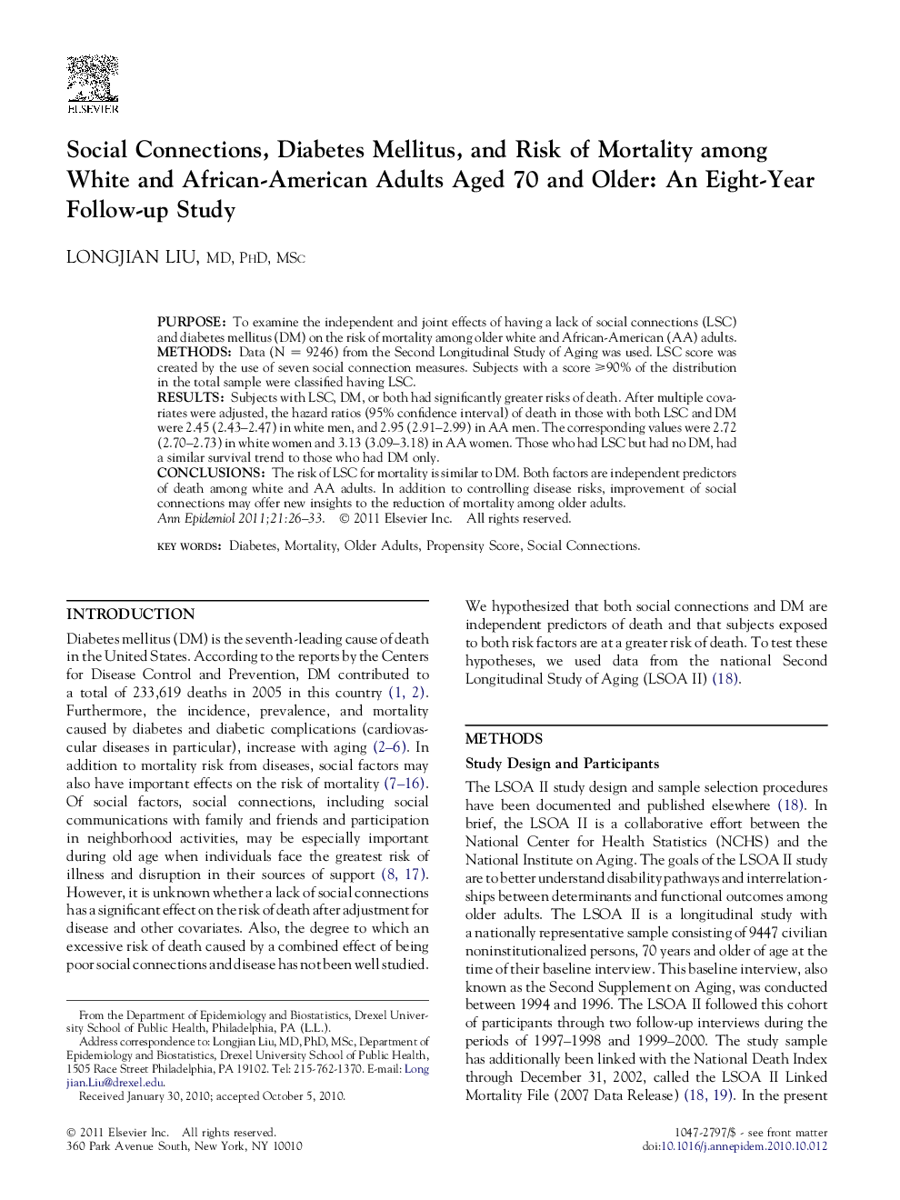 Social Connections, Diabetes Mellitus, and Risk of Mortality among White and African-American Adults Aged 70 and Older: An Eight-Year Follow-up Study