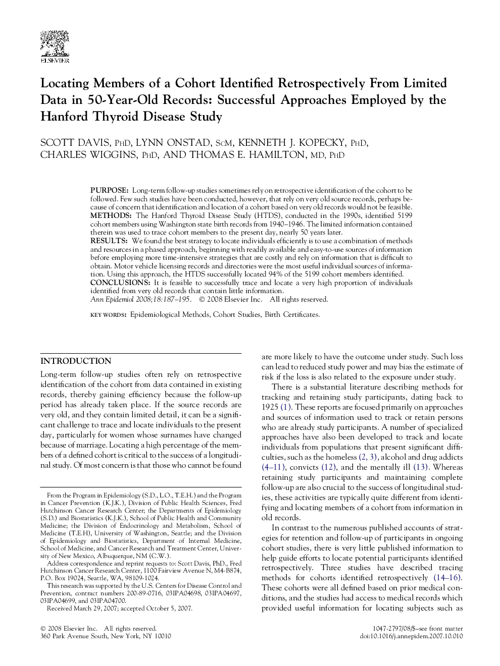 Locating Members of a Cohort Identified Retrospectively From Limited Data in 50-Year-Old Records: Successful Approaches Employed by the Hanford Thyroid Disease Study