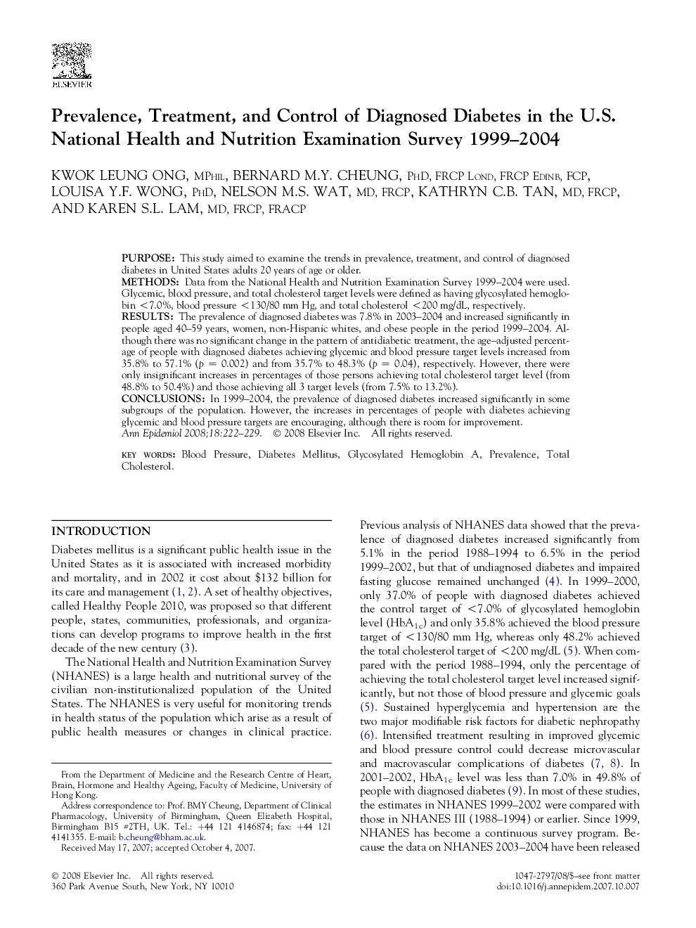 Prevalence, Treatment, and Control of Diagnosed Diabetes in the U.S. National Health and Nutrition Examination Survey 1999–2004