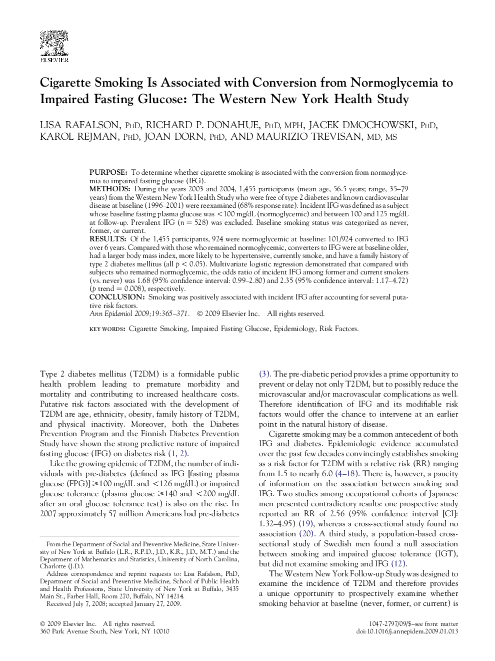 Cigarette Smoking Is Associated with Conversion from Normoglycemia to Impaired Fasting Glucose: The Western New York Health Study