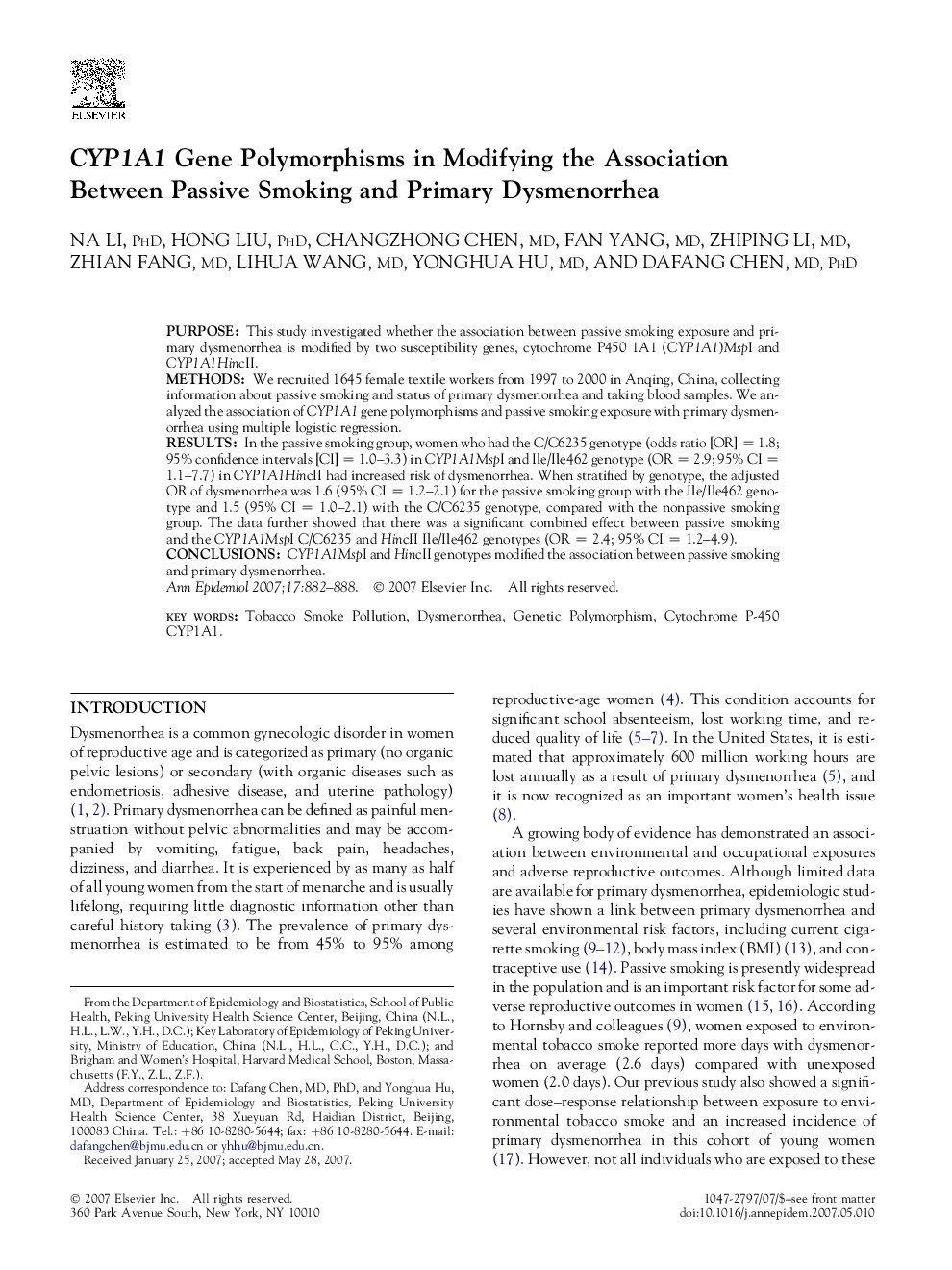 CYP1A1 Gene Polymorphisms in Modifying the Association Between Passive Smoking and Primary Dysmenorrhea