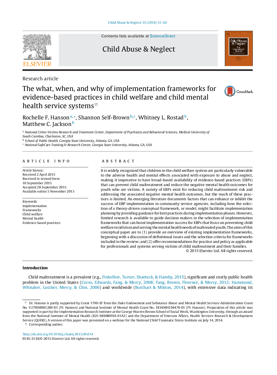 The what, when, and why of implementation frameworks for evidence-based practices in child welfare and child mental health service systems 