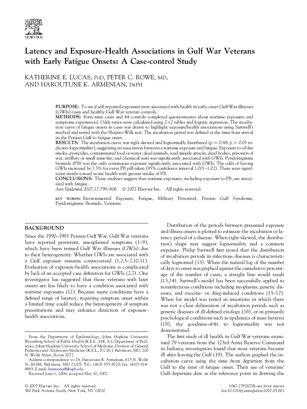 Latency and Exposure-Health Associations in Gulf War Veterans with Early Fatigue Onsets: A Case-control Study