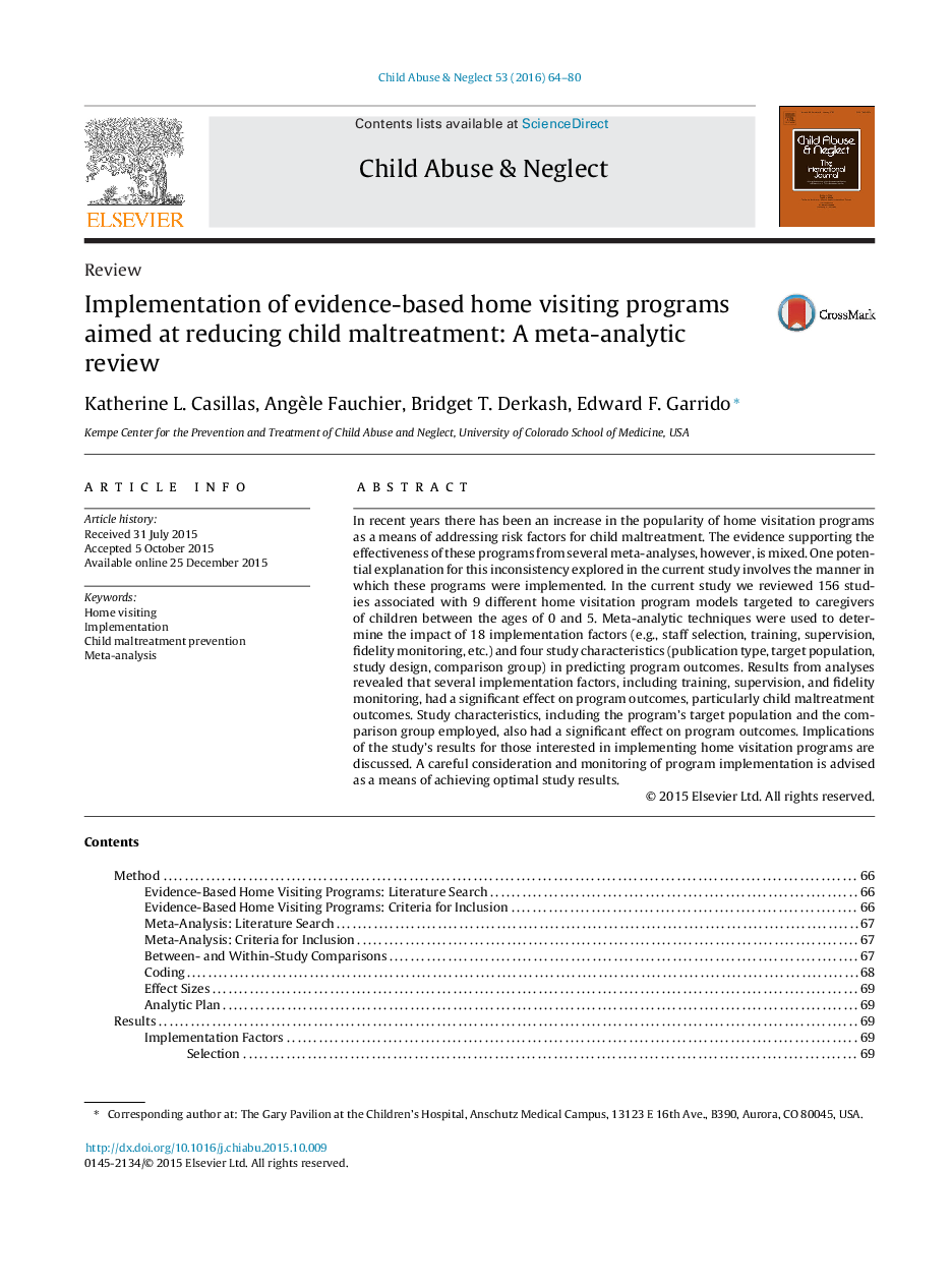 Implementation of evidence-based home visiting programs aimed at reducing child maltreatment: A meta-analytic review