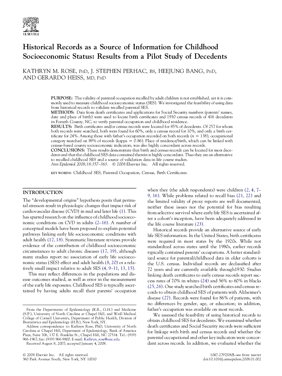 Historical Records as a Source of Information for Childhood Socioeconomic Status: Results from a Pilot Study of Decedents