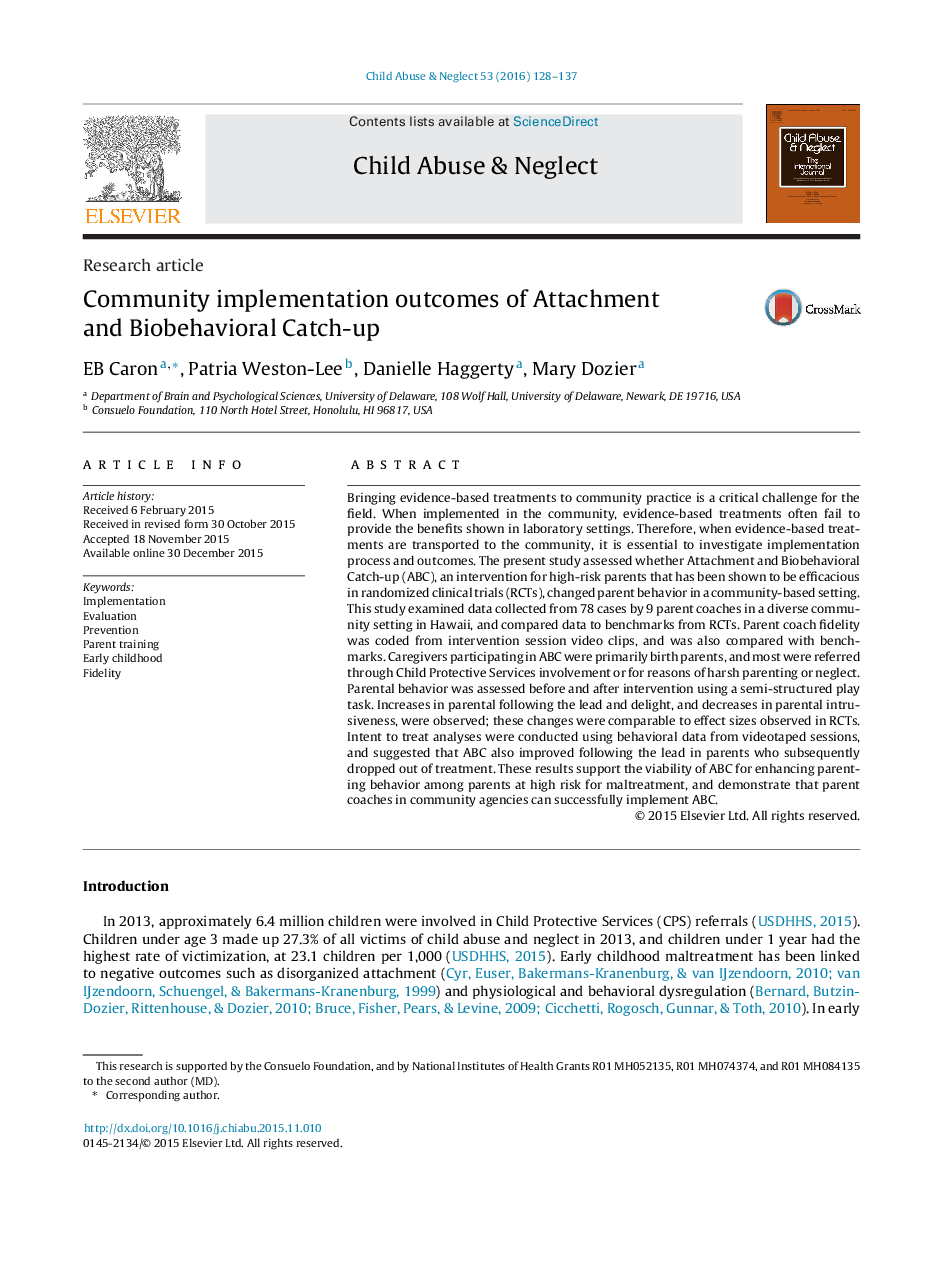 Community implementation outcomes of Attachment and Biobehavioral Catch-up 