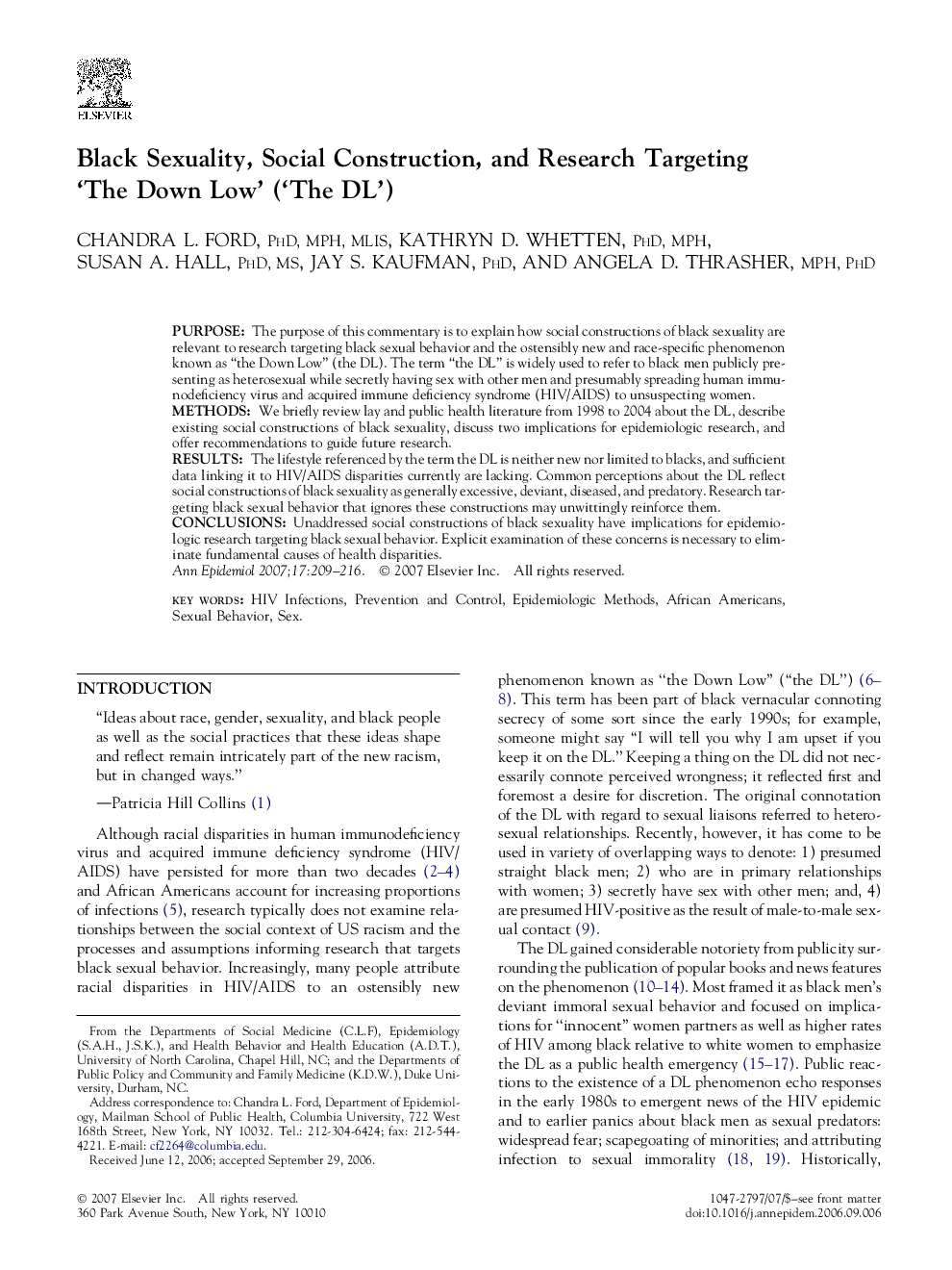 Black Sexuality, Social Construction, and Research Targeting ‘The Down Low’ (‘The DL’)