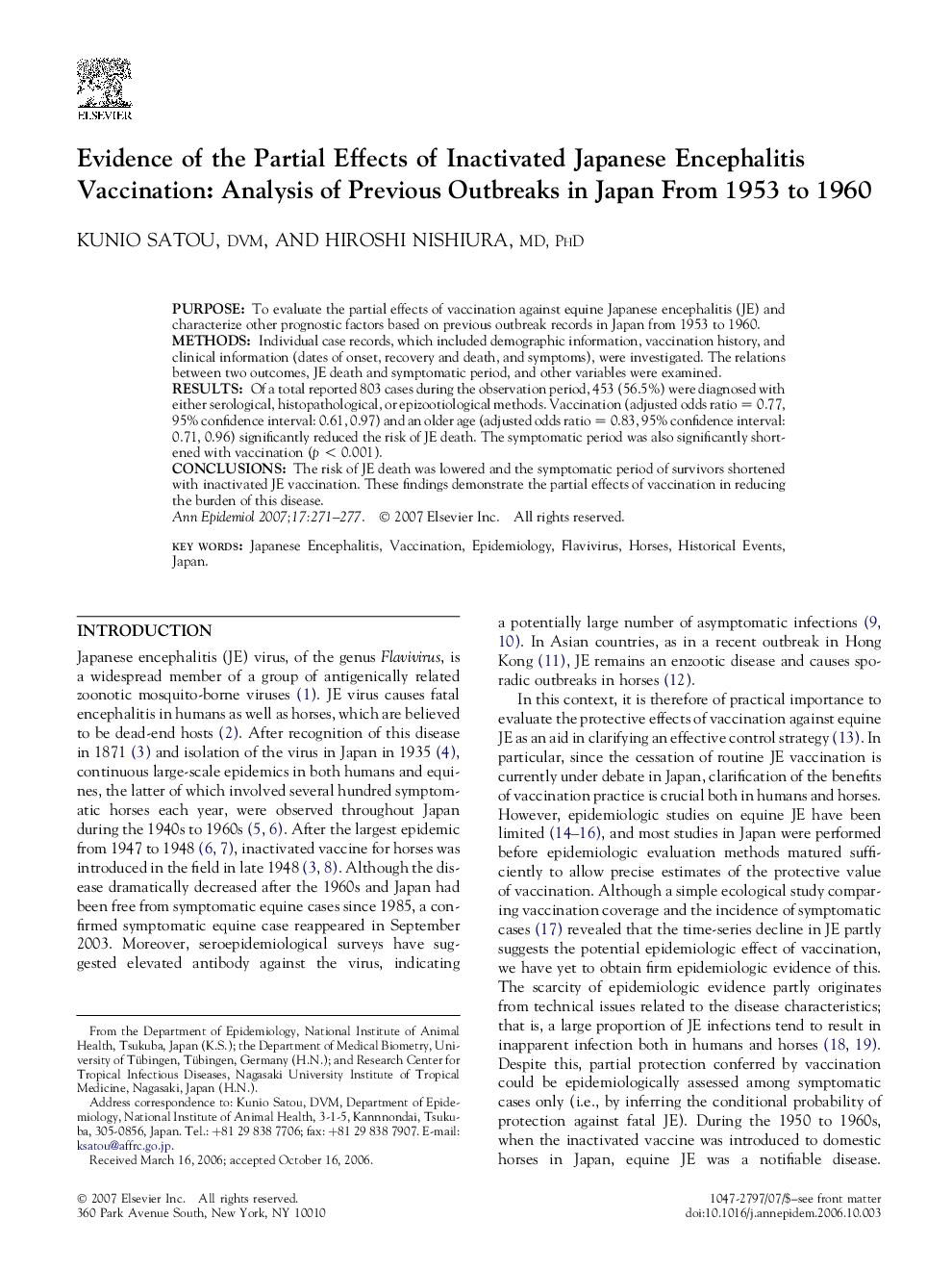 Evidence of the Partial Effects of Inactivated Japanese Encephalitis Vaccination: Analysis of Previous Outbreaks in Japan From 1953 to 1960