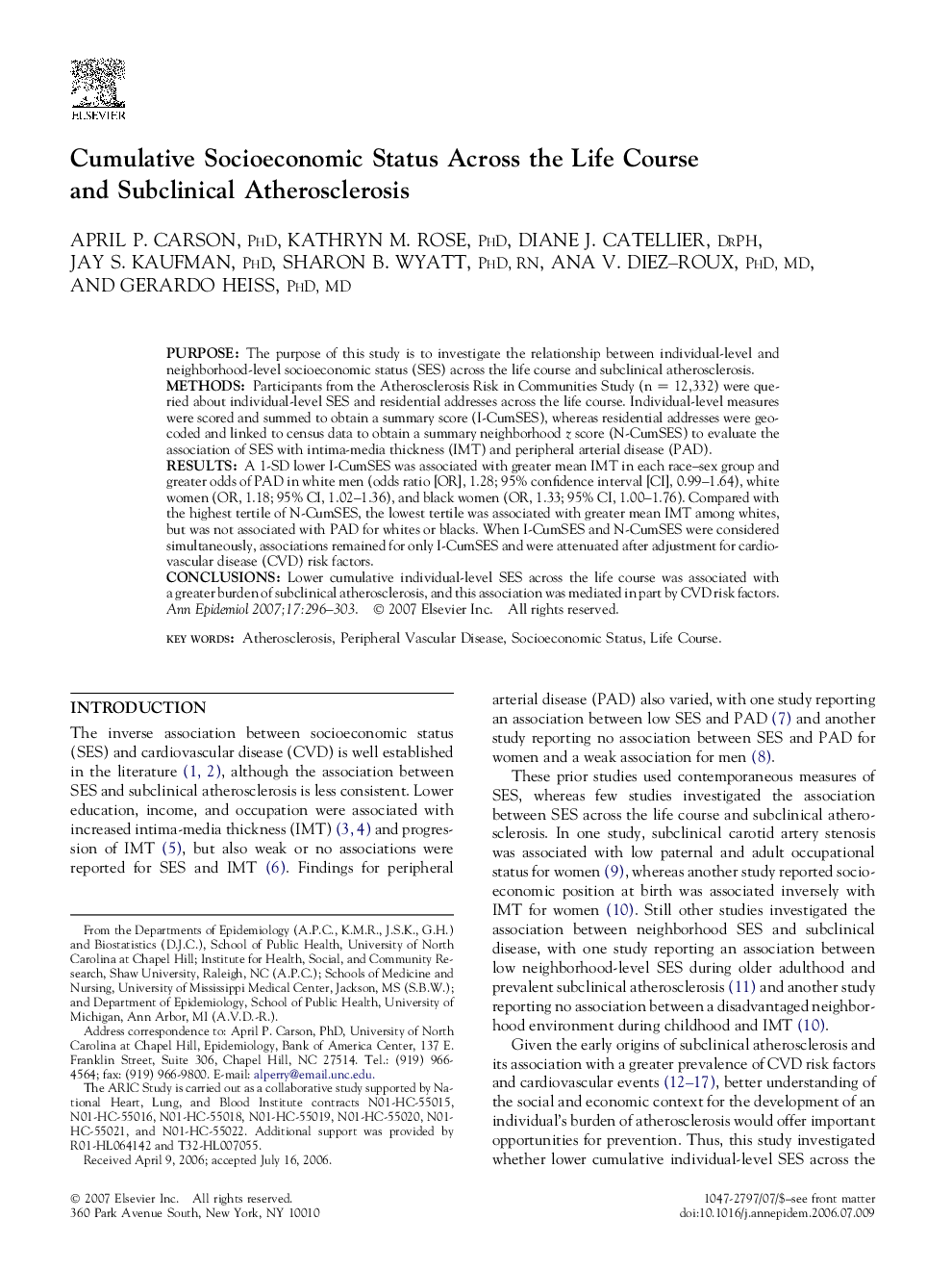 Cumulative Socioeconomic Status Across the Life Course and Subclinical Atherosclerosis 