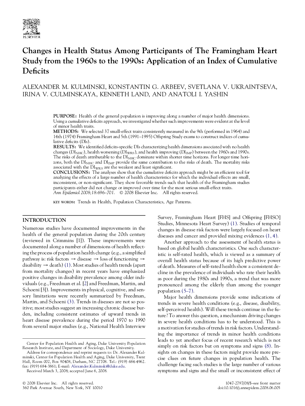 Changes in Health Status Among Participants of The Framingham Heart Study from the 1960s to the 1990s: Application of an Index of Cumulative Deficits