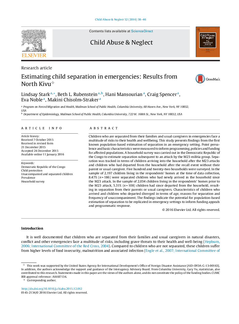 Estimating child separation in emergencies: Results from North Kivu 