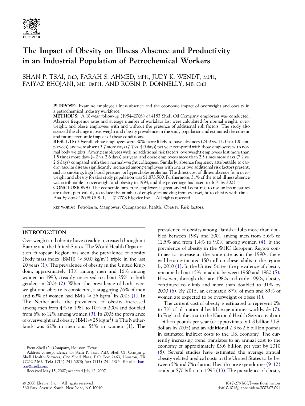 The Impact of Obesity on Illness Absence and Productivity in an Industrial Population of Petrochemical Workers