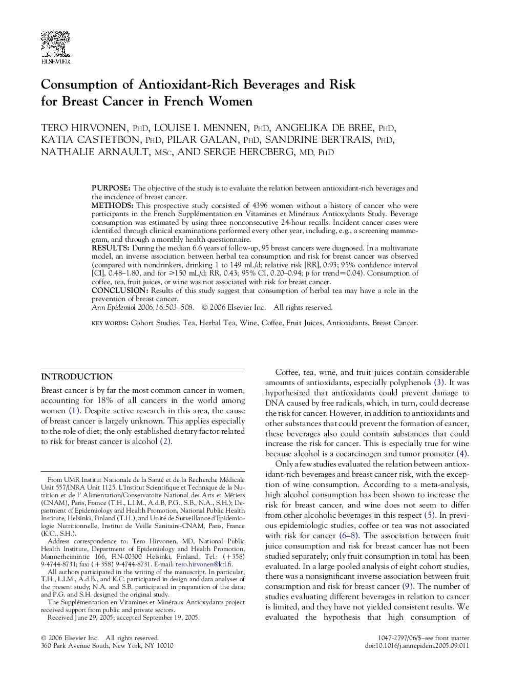عکس صفحه اول مقاله: Consumption of Antioxidant-Rich Beverages and Risk for Breast Cancer in French Women Consumption of Antioxidant-Rich Beverages and Risk for Breast Cancer in French Women