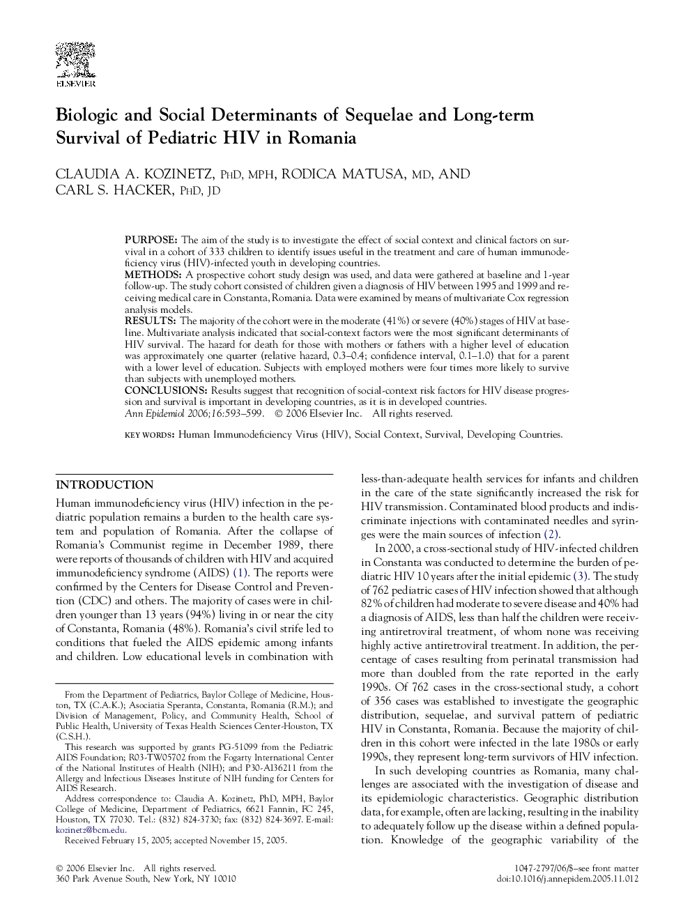 Biologic and Social Determinants of Sequelae and Long-term Survival of Pediatric HIV in Romania 