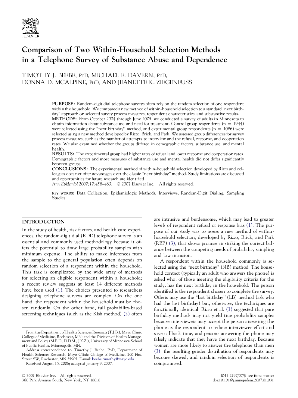 Comparison of Two Within-Household Selection Methods in a Telephone Survey of Substance Abuse and Dependence