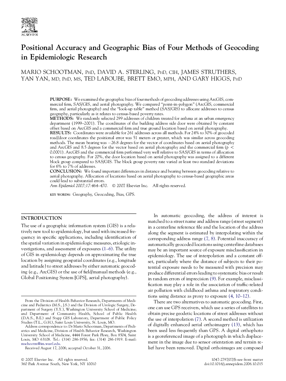 Positional Accuracy and Geographic Bias of Four Methods of Geocoding in Epidemiologic Research