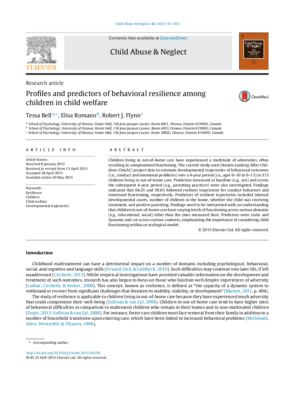 Profiles and predictors of behavioral resilience among children in child welfare