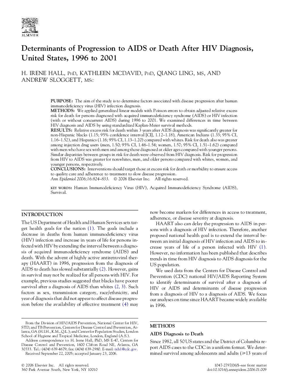 Determinants of Progression to AIDS or Death After HIV Diagnosis, United States, 1996 to 2001