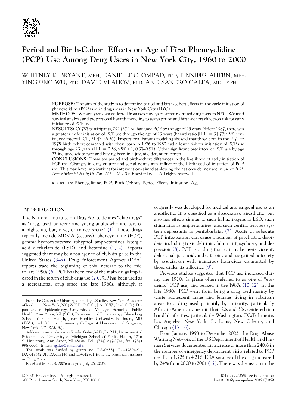 Period and Birth-Cohort Effects on Age of First Phencyclidine (PCP) Use Among Drug Users in New York City, 1960 to 2000 