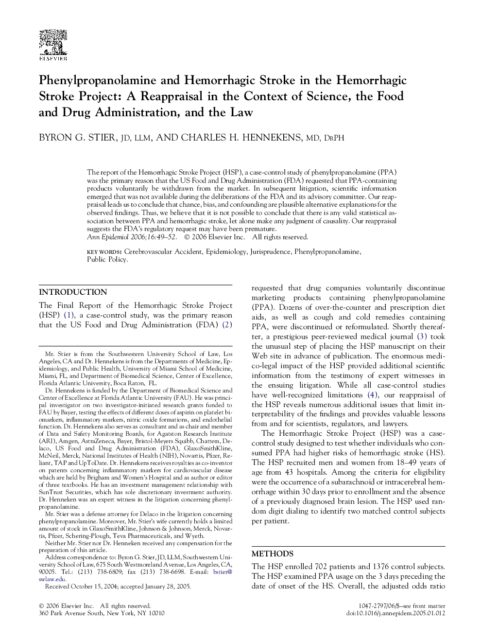 Phenylpropanolamine and Hemorrhagic Stroke in the Hemorrhagic Stroke Project: A Reappraisal in the Context of Science, the Food and Drug Administration, and the Law 