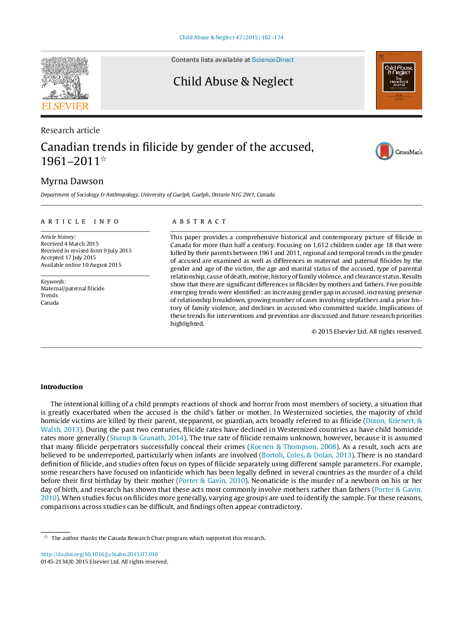 Canadian trends in filicide by gender of the accused, 1961–2011 