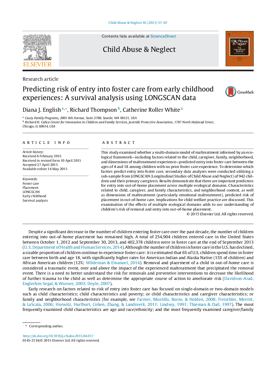 Predicting risk of entry into foster care from early childhood experiences: A survival analysis using LONGSCAN data