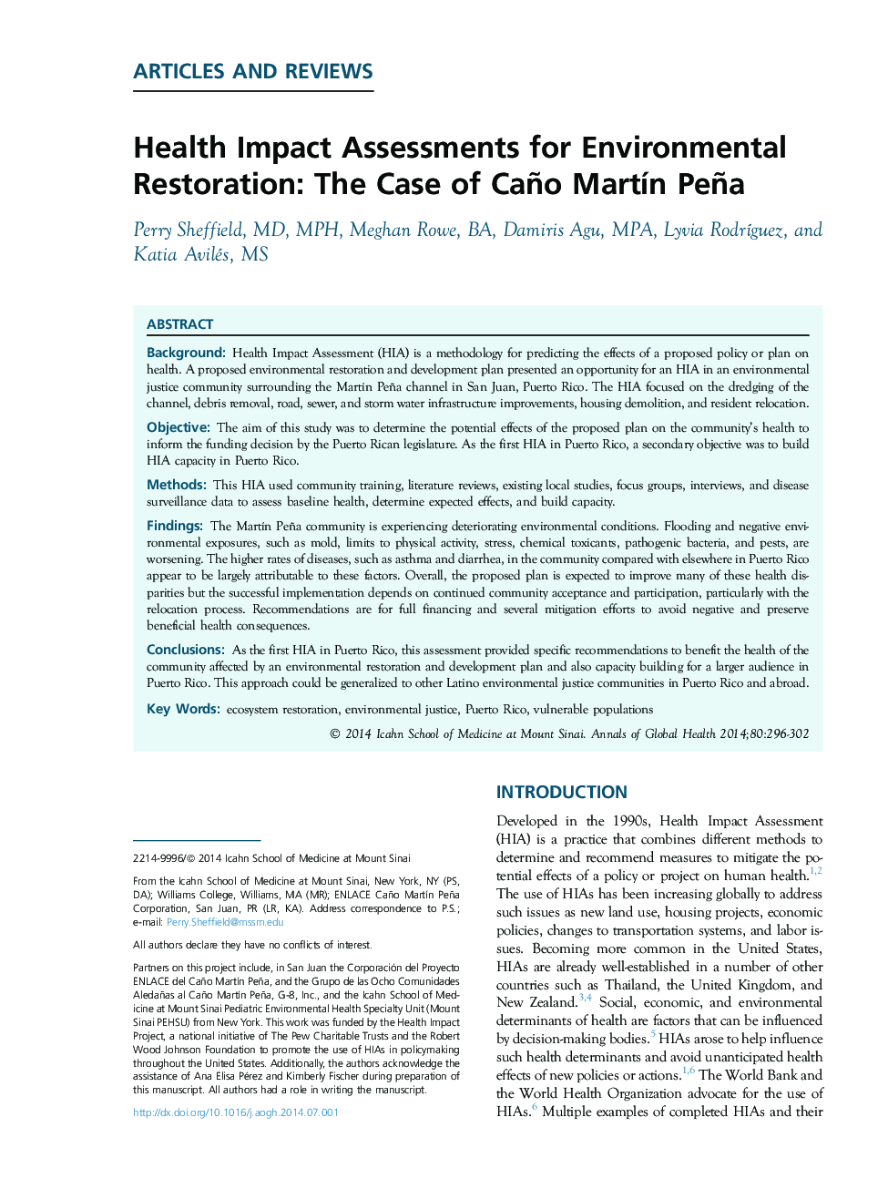 Health Impact Assessments for Environmental Restoration: The Case of Caño Martín Peña 