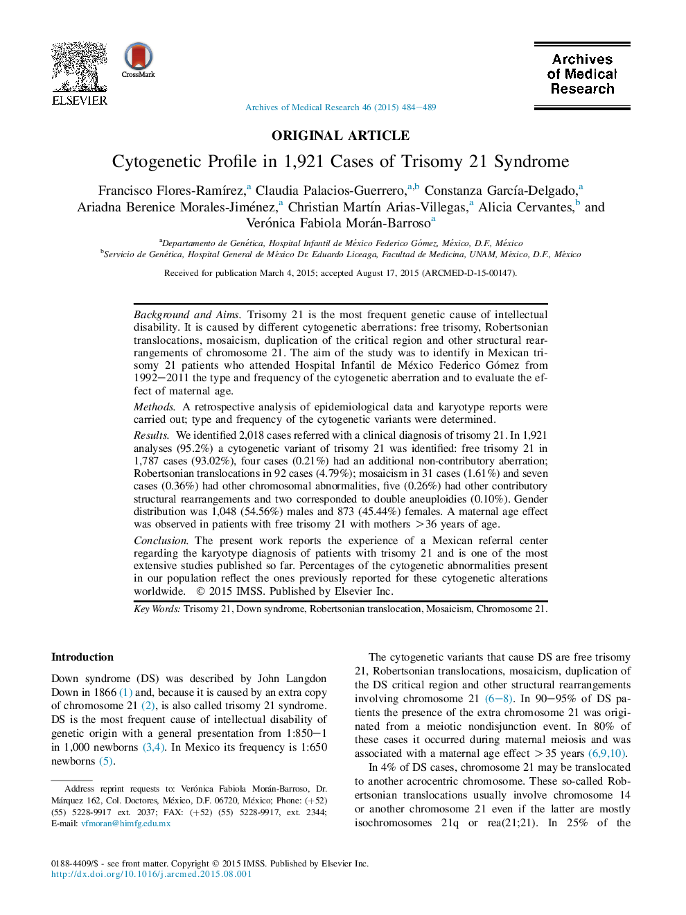 Cytogenetic Profile in 1,921 Cases of Trisomy 21 Syndrome