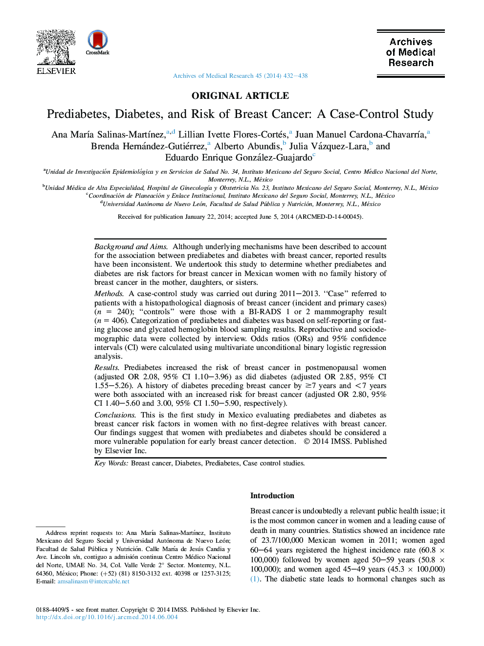 Prediabetes, Diabetes, and Risk of Breast Cancer: A Case-Control Study