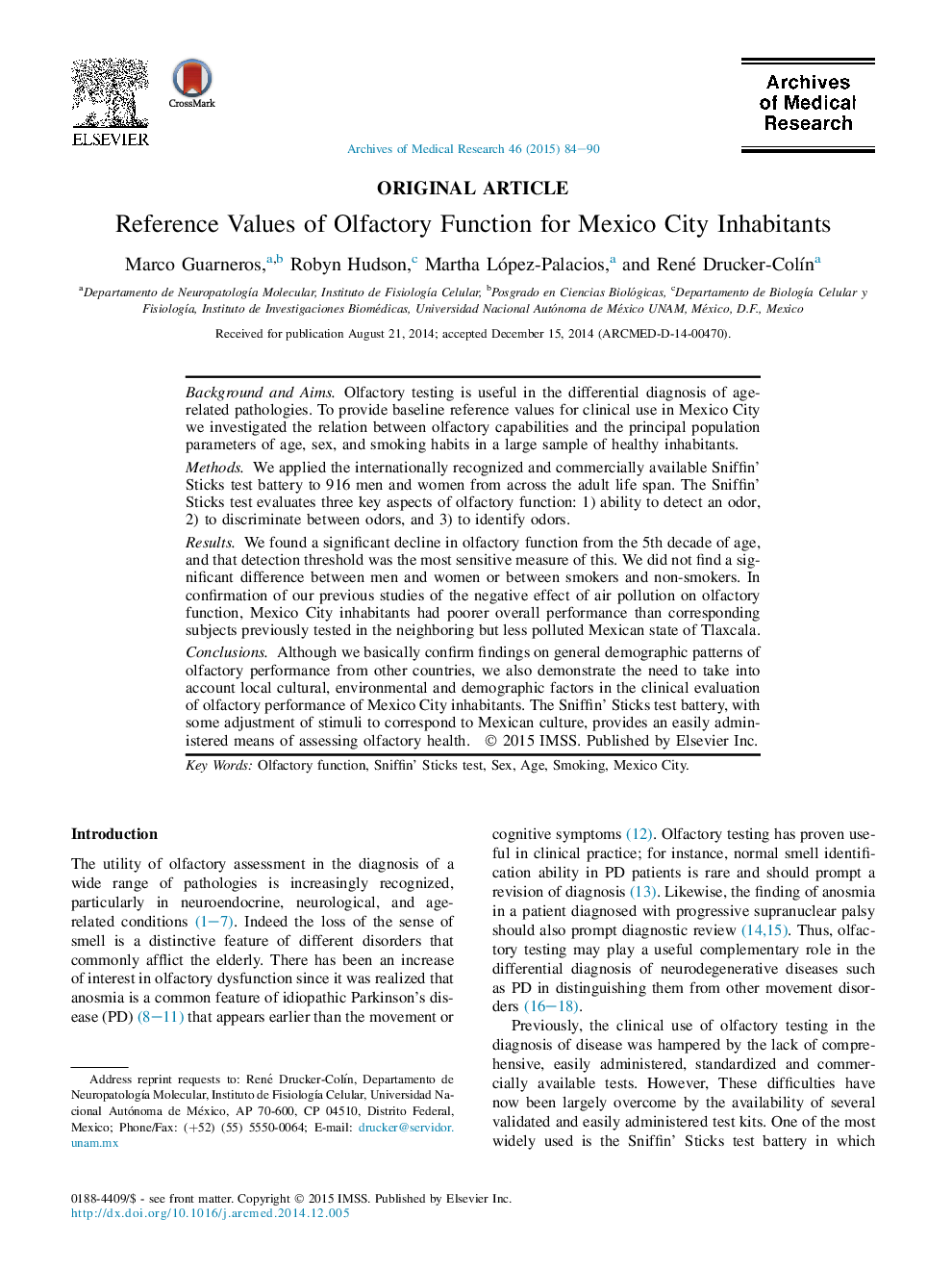 Reference Values of Olfactory Function for Mexico City Inhabitants