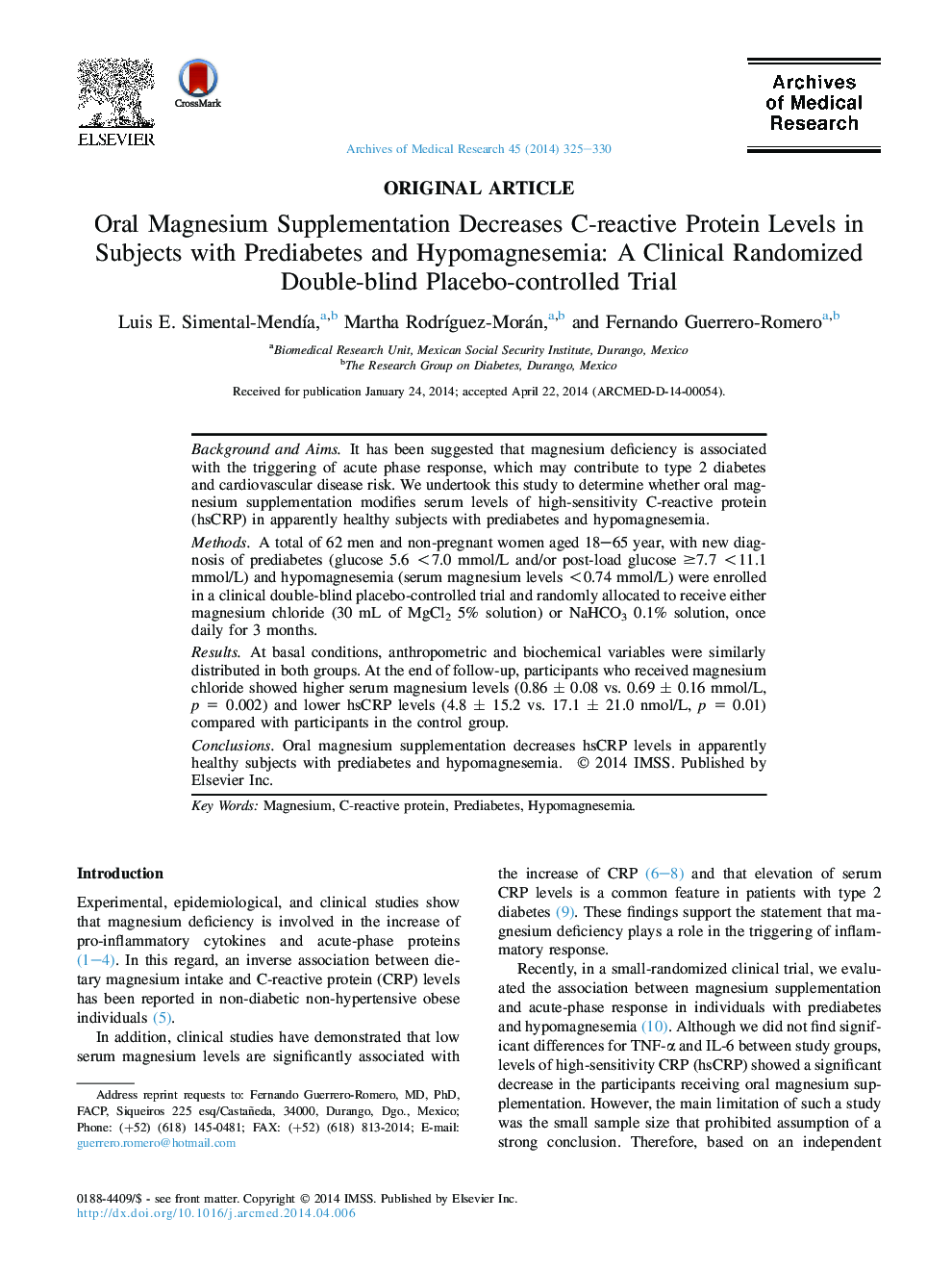 Oral Magnesium Supplementation Decreases C-reactive Protein Levels in Subjects with Prediabetes and Hypomagnesemia: A Clinical Randomized Double-blind Placebo-controlled Trial