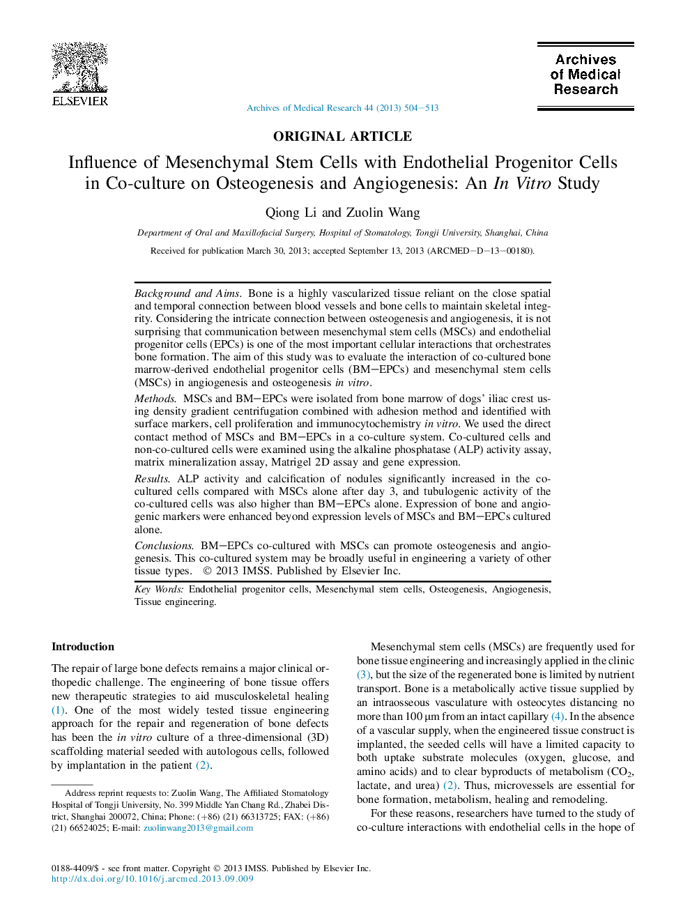 Influence of Mesenchymal Stem Cells with Endothelial Progenitor Cells in Co-culture on Osteogenesis and Angiogenesis: An In Vitro Study