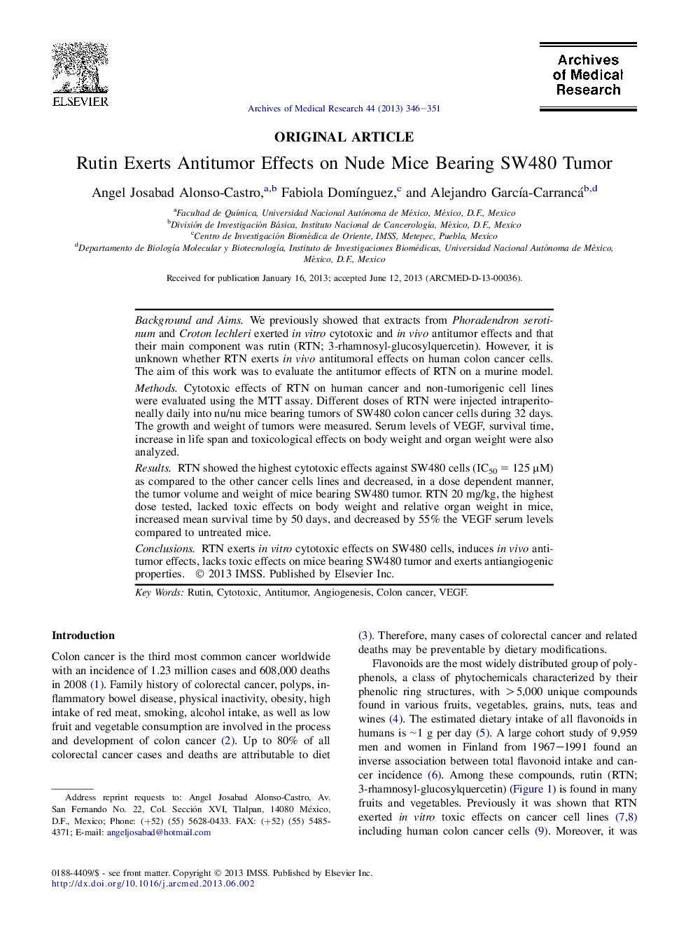 Rutin Exerts Antitumor Effects on Nude Mice Bearing SW480 Tumor