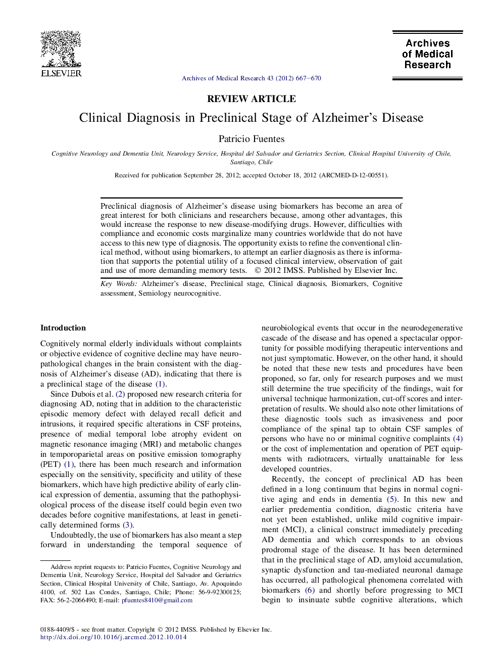 Clinical Diagnosis in Preclinical Stage of Alzheimer's Disease