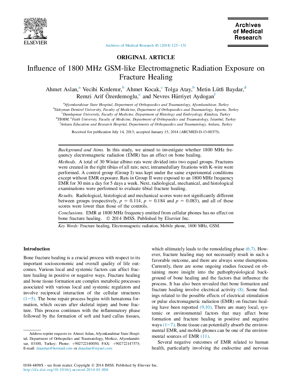 تأثیر تابش الکترومغناطیسی 1800 مگاهرتز بر روی شریان الکترومغناطیسی بر روی شکستگی 