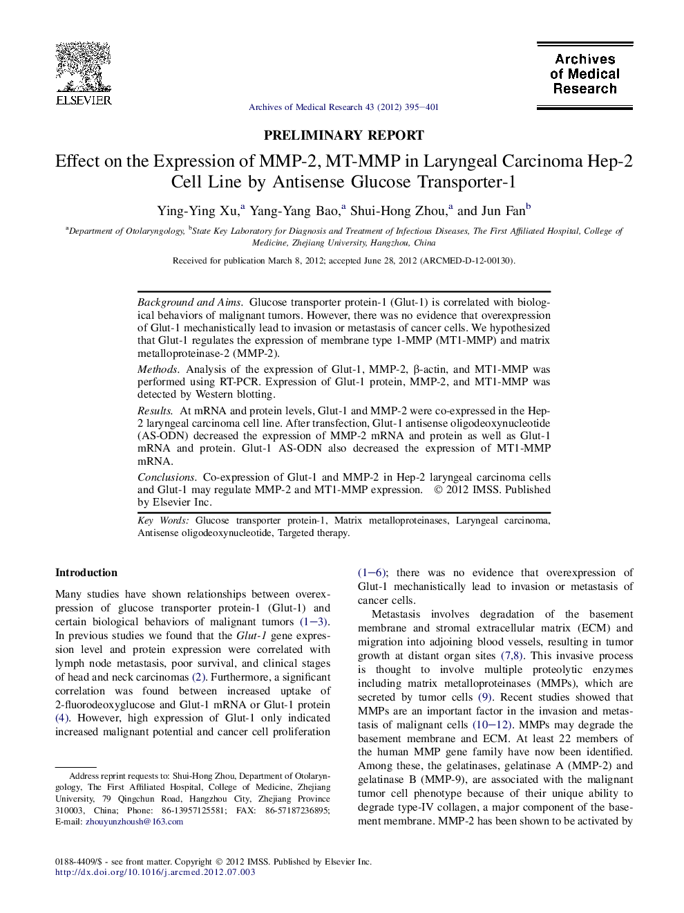 Effect on the Expression of MMP-2, MT-MMP in Laryngeal Carcinoma Hep-2 Cell Line by Antisense Glucose Transporter-1