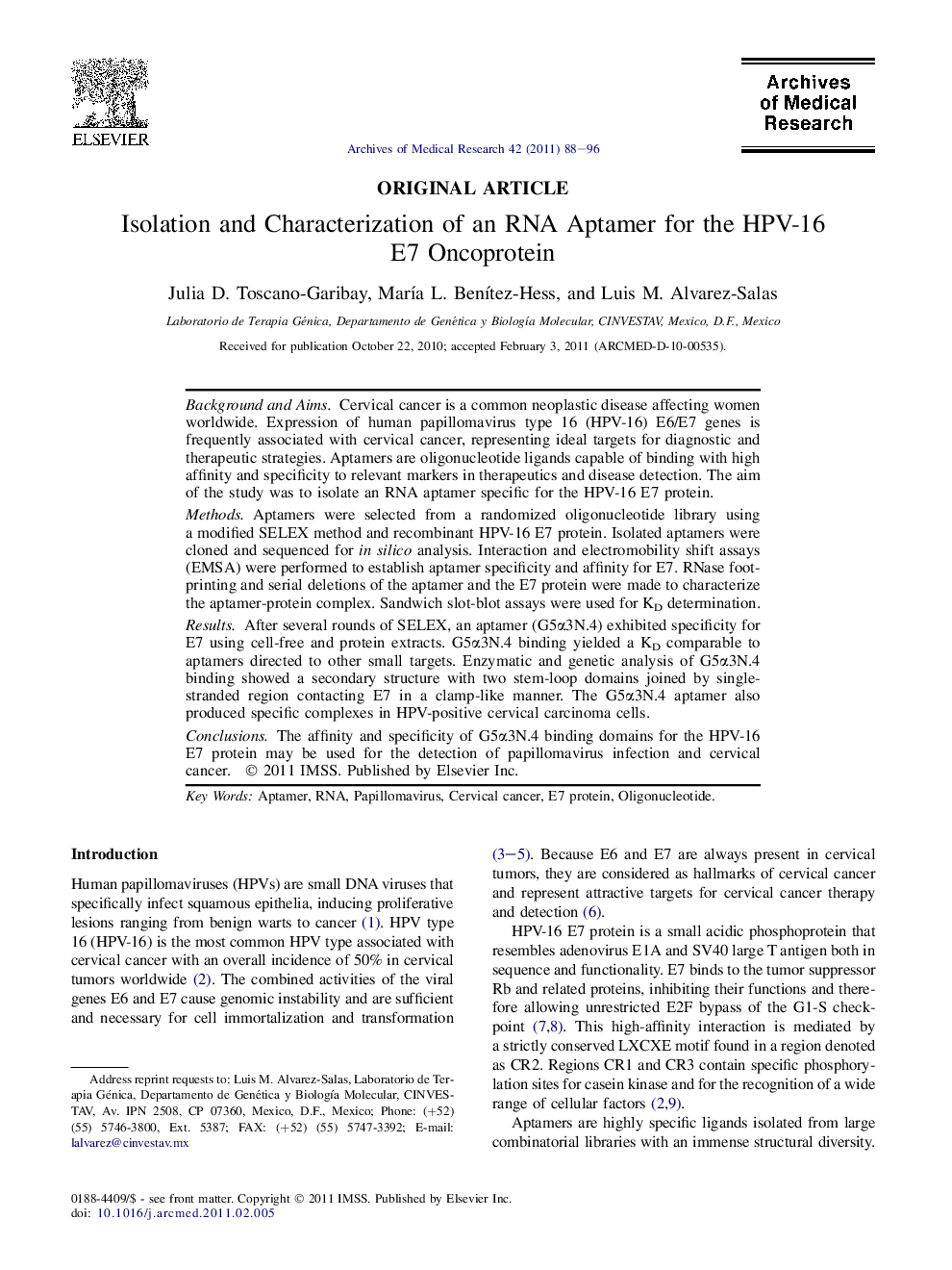 Isolation and Characterization of an RNA Aptamer for the HPV-16 E7 Oncoprotein