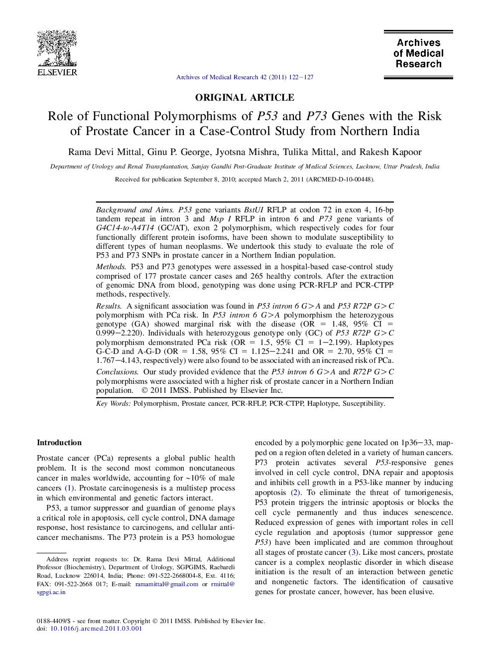 Role of Functional Polymorphisms of P53 and P73 Genes with the Risk of Prostate Cancer in a Case-Control Study from Northern India