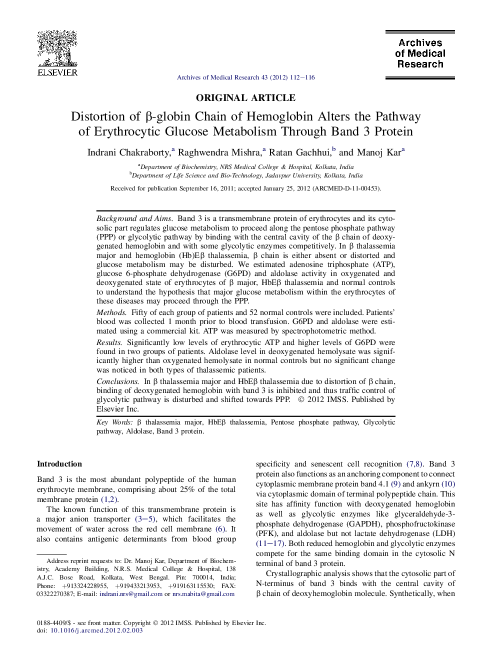 Distortion of β-globin Chain of Hemoglobin Alters the Pathway of Erythrocytic Glucose Metabolism Through Band 3 Protein