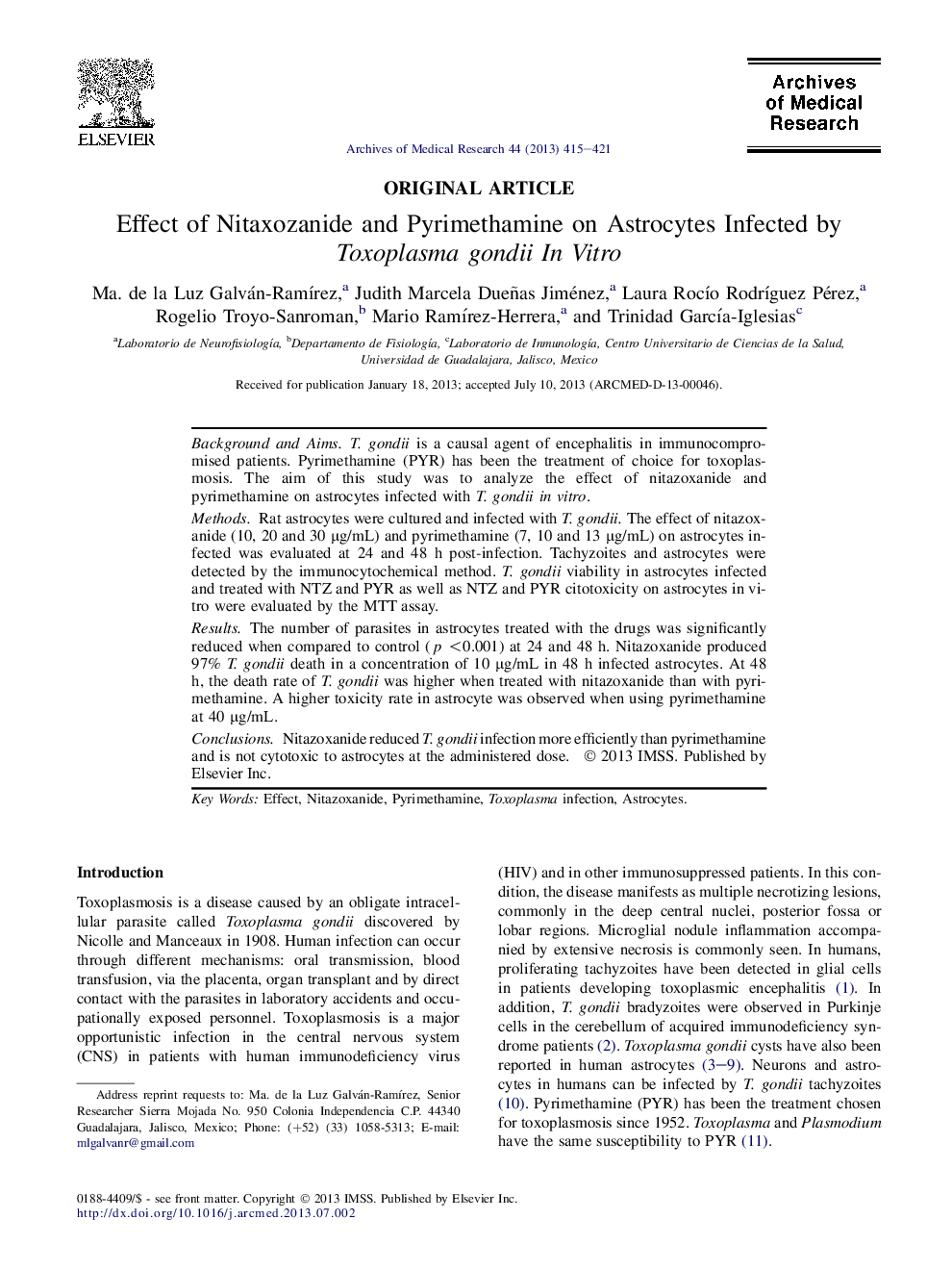 Effect of Nitaxozanide and Pyrimethamine on Astrocytes Infected by Toxoplasma gondii In Vitro